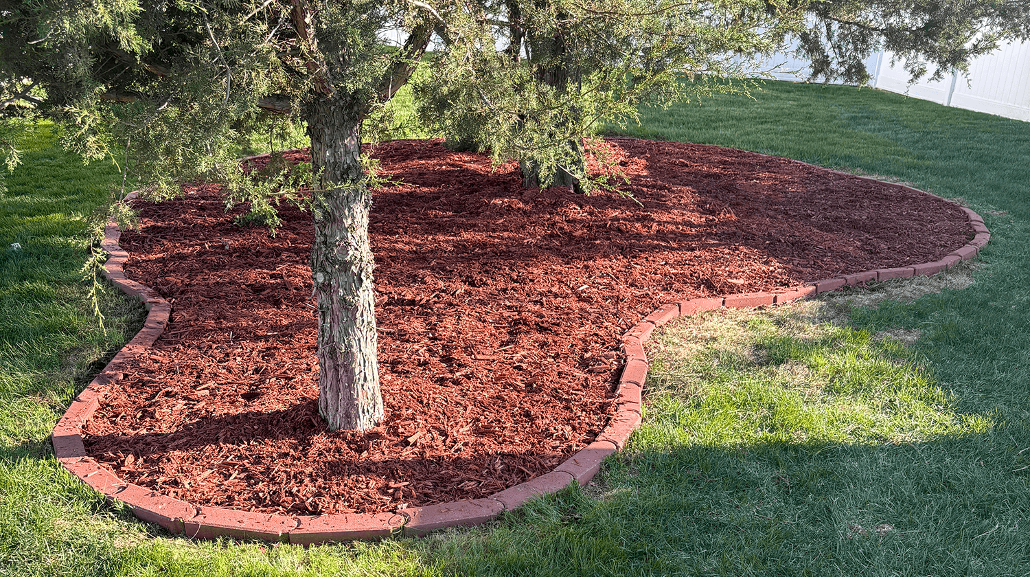 Mulch bed installation under tree with clean brick edging and fresh red wood mulch.