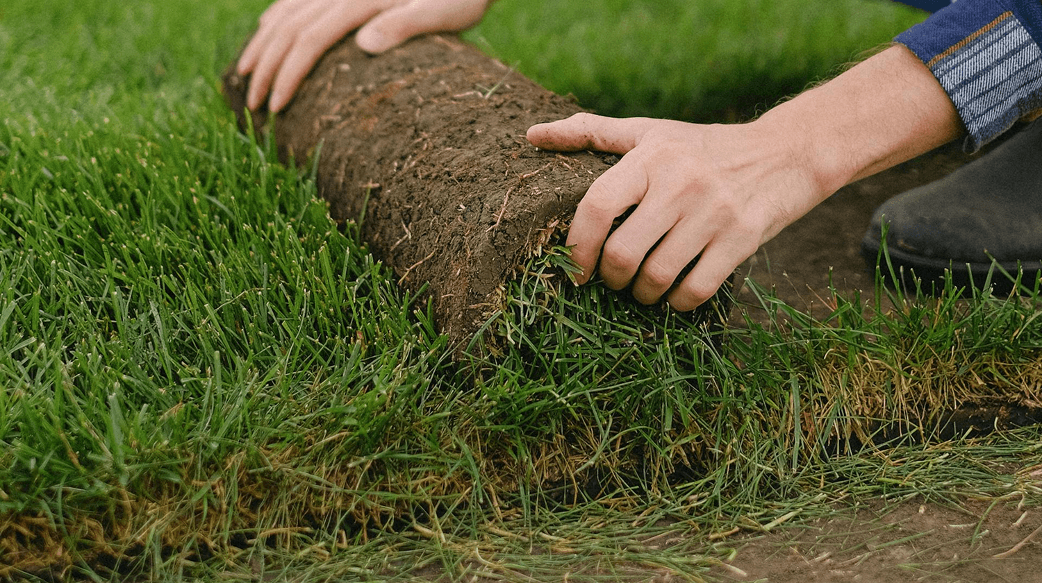 Close-up of fresh sod being installed by hand for a new residential lawn.