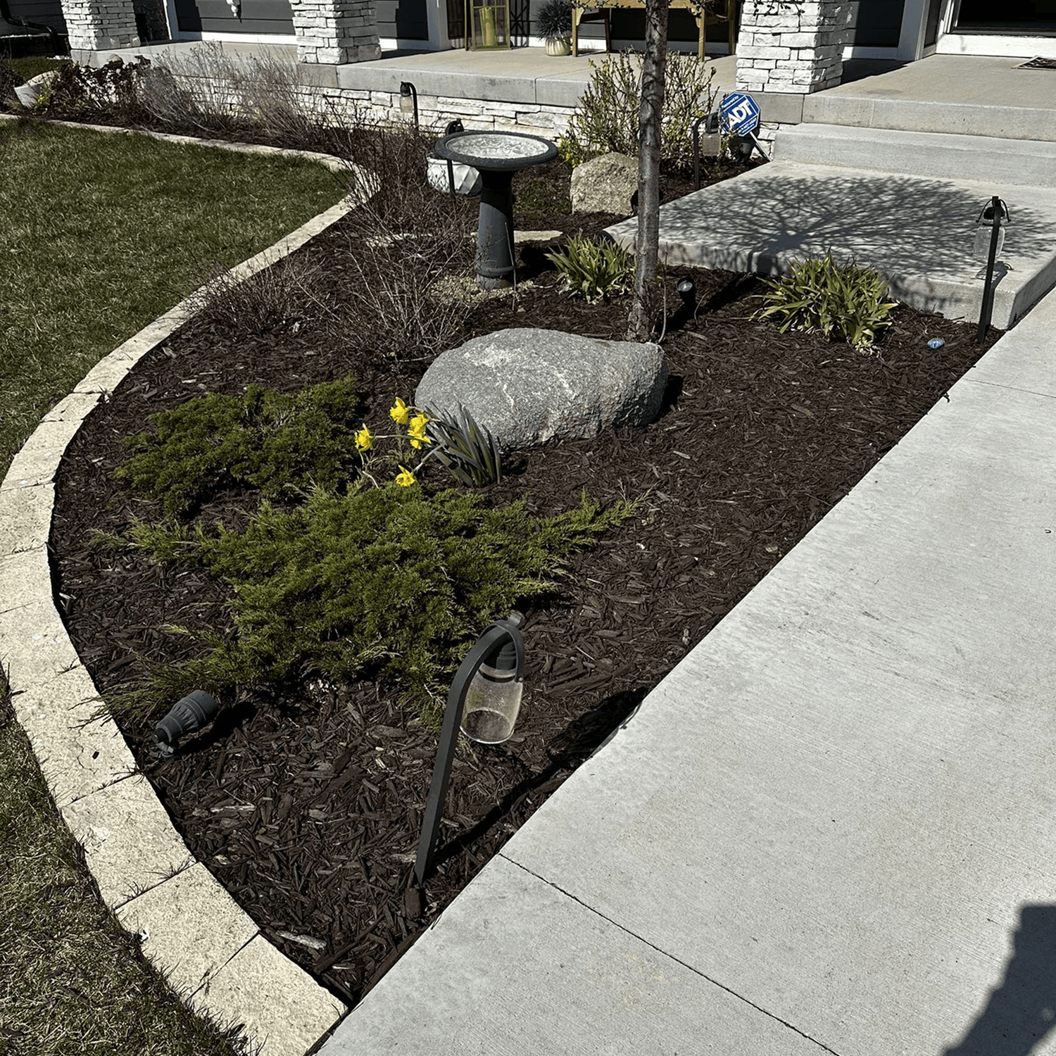 Front yard mulch bed installation with clean curved edging and decorative plants near Ankeny, Iowa.